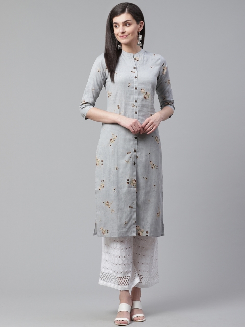 

AHIKA Women Grey & Cream-Coloured Floral Print Straight Kurta