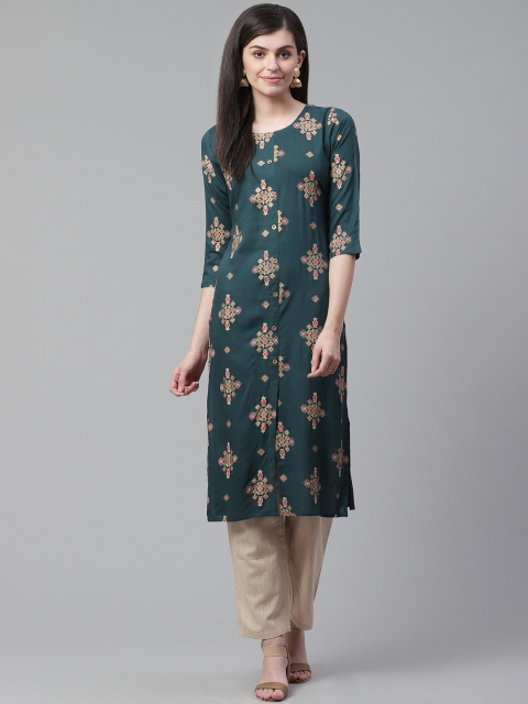 

AHIKA Women Teal Green & Golden Printed Straight Kurta