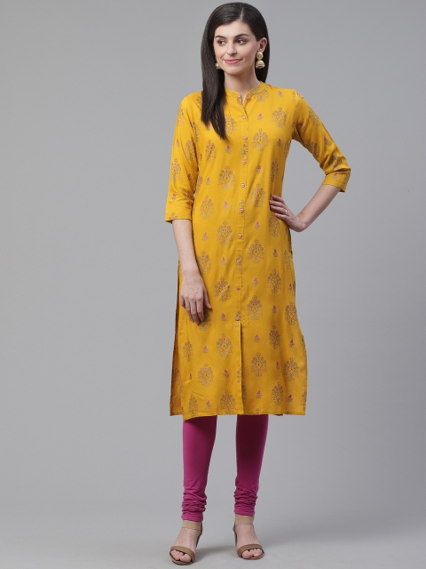 

AHIKA Women Mustard Yellow & Pink Printed Straight Kurta