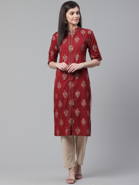 

AHIKA Women Maroon & Orange Printed Straight Kurta