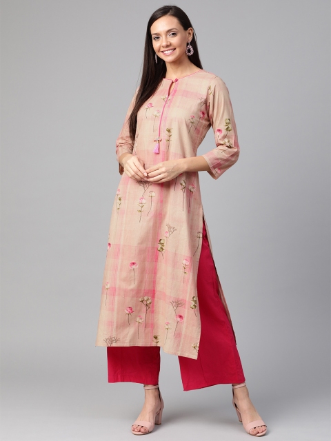 

AHIKA Women Beige & Pink Floral Printed With Checked Straight Kurta