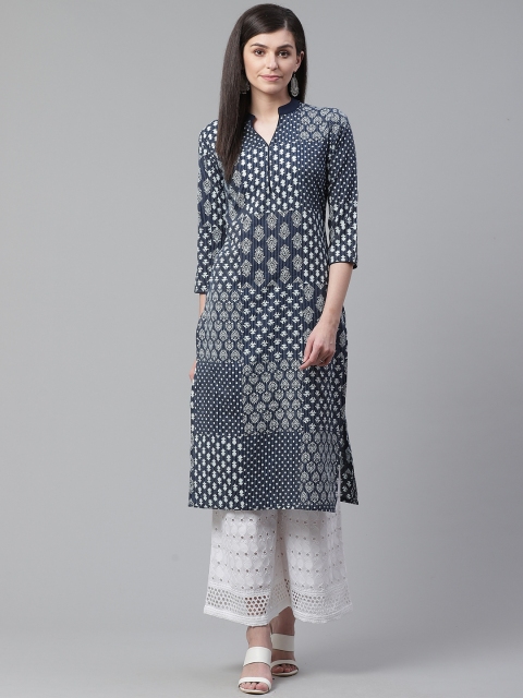 

AHIKA Women Navy Blue & White Printed Straight Kurta