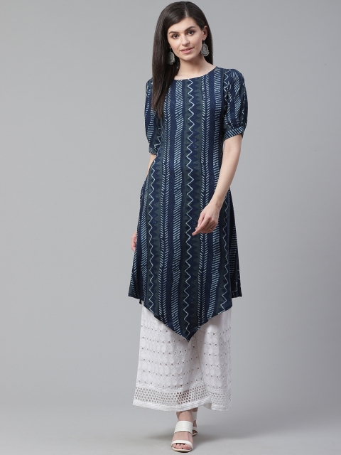 

AHIKA Women Navy Blue & Off-White Printed A-Line Kurta