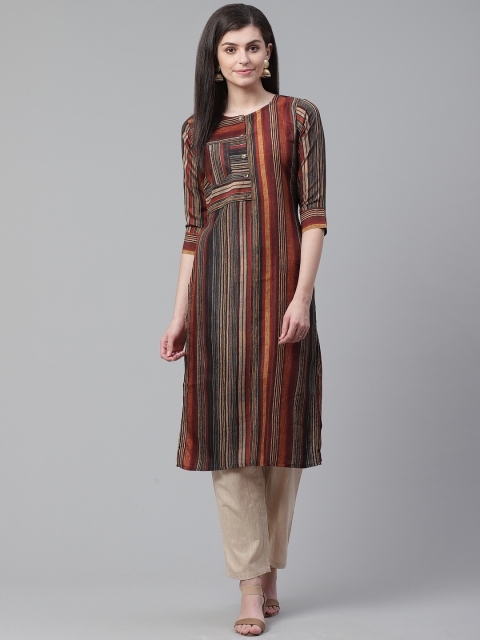 

AHIKA Women Rust Red & Navy Blue Striped Straight Kurta