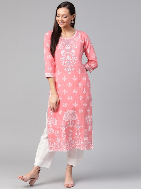

AHIKA Women Pink & White Ethnic Printed Straight Kurta