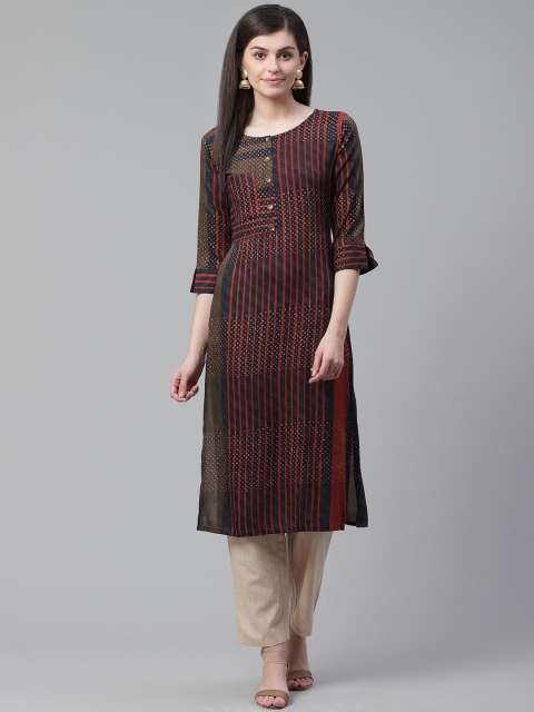 

AHIKA Women Navy Blue & Rust Red Striped Straight Kurta