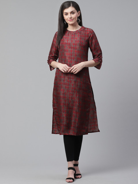 

AHIKA Women Maroon & Grey Printed Straight Kurta