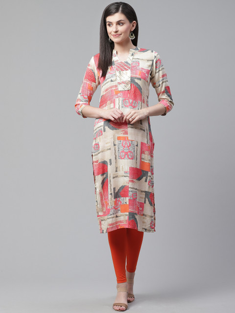 

AHIKA Women Beige & Pink Printed Straight Kurta