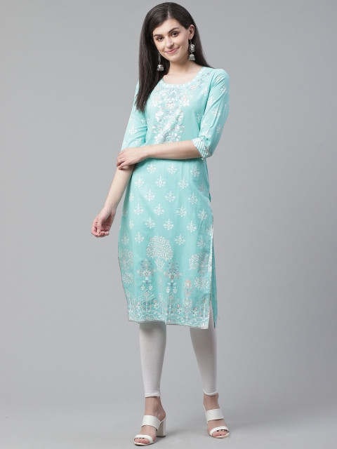 

AHIKA Women Sea Green & White Printed Straight Kurta