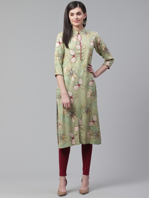 

AHIKA Women Green & Beige Floral Print Straight Kurta
