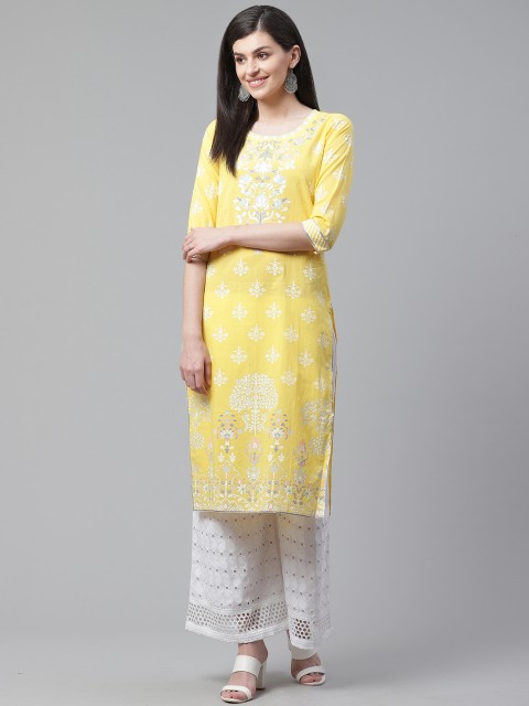 

AHIKA Women Yellow & White Printed Straight Kurta