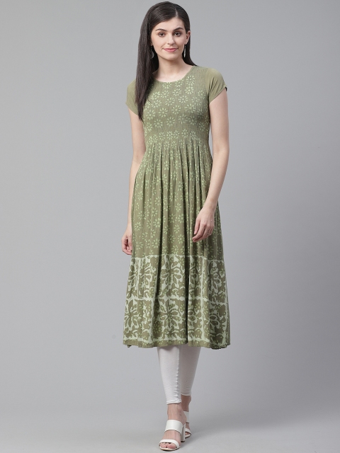 

AHIKA Women Green & Off-White Printed A-Line Kurta