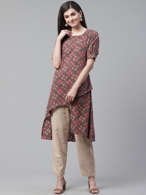 

AHIKA Women Brown & Red Printed Asymmetric A-Line Kurta