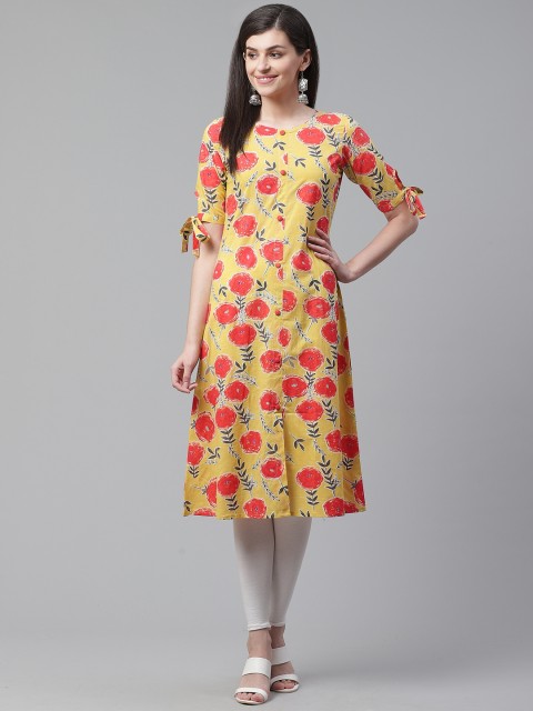 

AHIKA Women Yellow & Red Floral Print A-Line Kurta