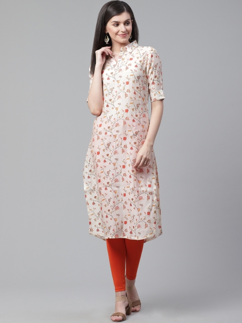 

AHIKA Women Cream-Coloured & Orange Printed Straight Kurta