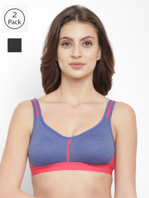 

Floret Pack Of 2 Blue & Black Colourblocked Non Padded Sports Bra T3051_Royal Blue