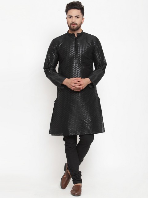 

NEUDIS Men Black Self Design Dupion Silk Kurta with Churidar