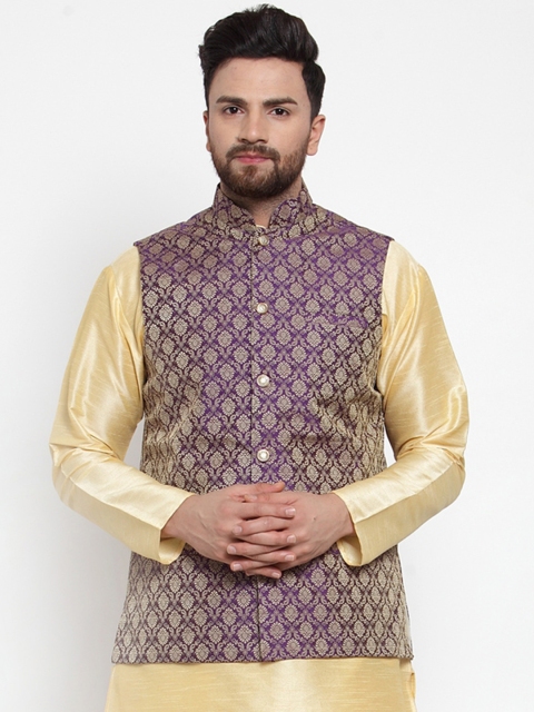 

Jompers Men Purple & Gold-Toned Woven Design Nehru Jacket