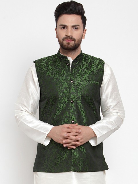 

Jompers Men Green Woven Design Nehru Jacket