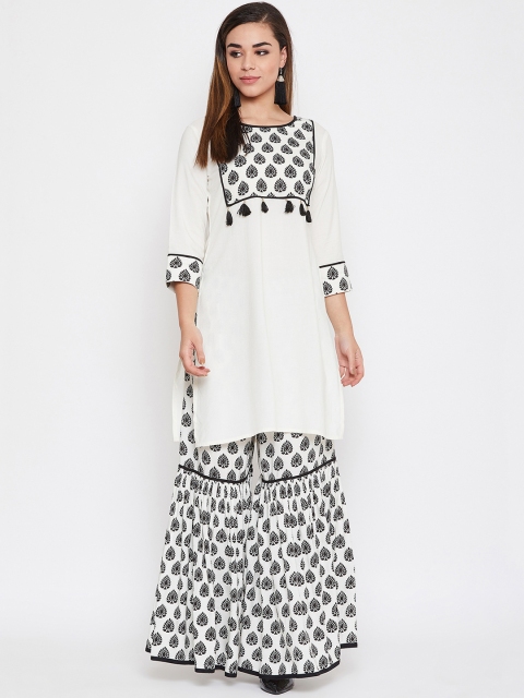 

TULIP 21 Women White & Black Block Print Yoke Design Kurta with Sharara