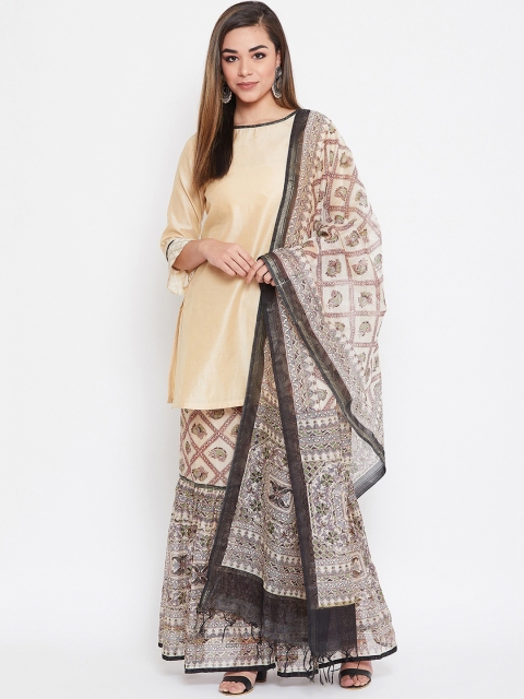 

TULIP 21 Women Beige & Black Printed Handloom Kurta with Sharara & Dupatta