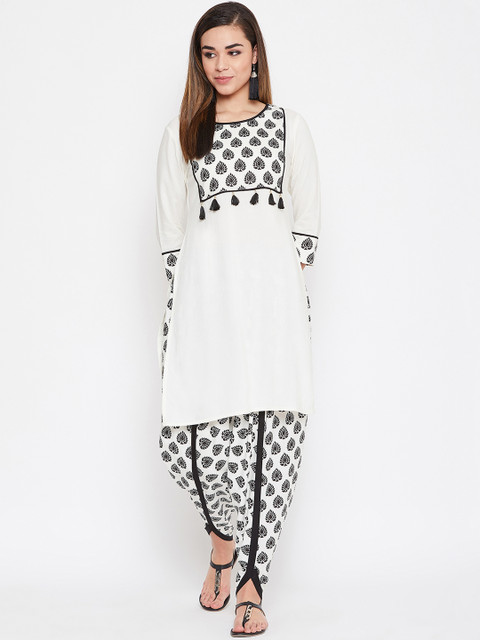 

TULIP 21 Women White & Black Block Printed Yoke Design Kurti with Dhoti Pants
