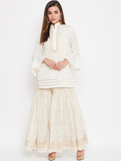 

TULIP 21 Women Off-White & Golden Foil Print Yoke Design Kurta with Sharara