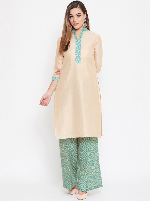 

TULIP 21 Women Golden & Green Screen Print Yoke Design Kurti with Palazzos, Gold
