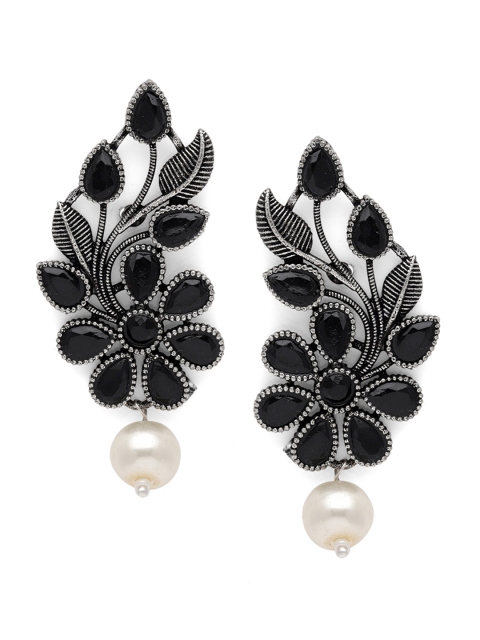 

Fabstreet Black & Silver-Toned Floral Drop Earrings