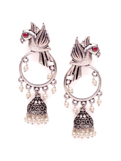 

Fabstreet Silver-Toned & Pink Bird Oxidised Dome Shaped Jhumkas
