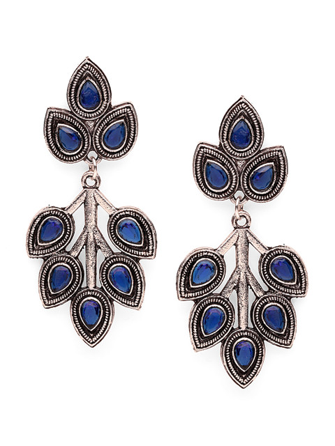 

Fabstreet Blue & Silver-Toned Oxidised Floral Drop Earrings