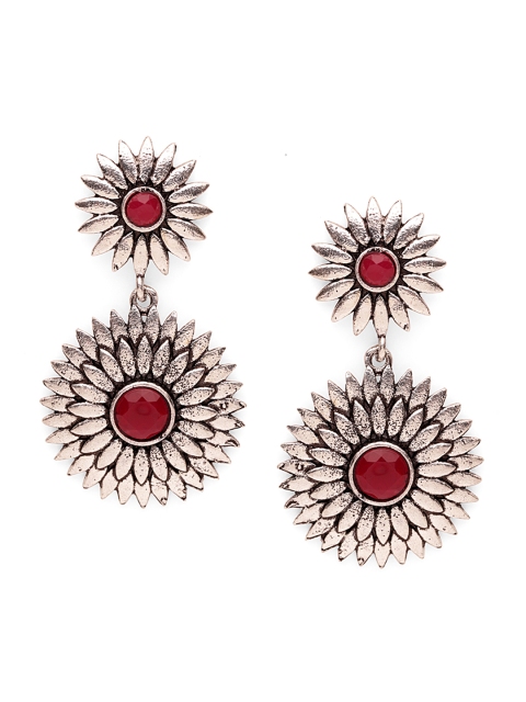 

Fabstreet Silver-Toned & Red Stone Studded Floral Drop Earrings
