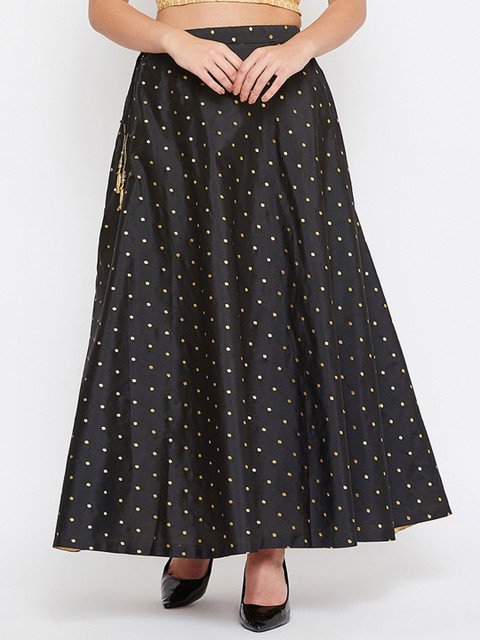 

TULIP 21 Women Black & Gold-Coloured Woven Design Dotted Flared Maxi Skirt