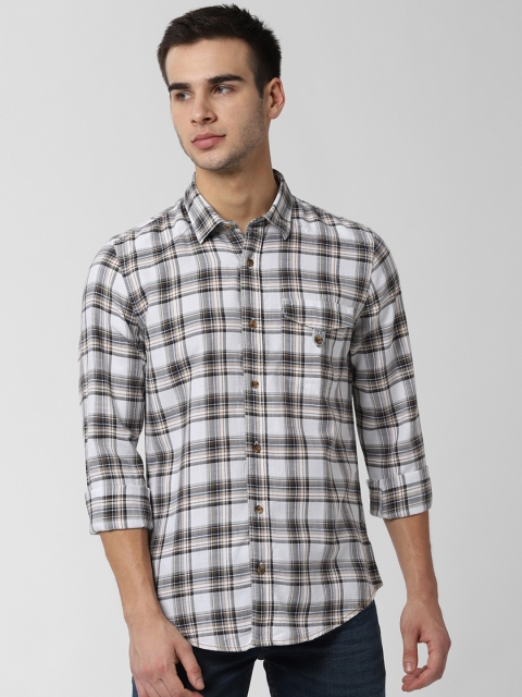 

Peter England Casuals Men White & Olive Green Slim Fit Checked Casual Shirt