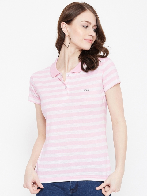 

Plagg Women Pink Striped Polo Collar T-shirt