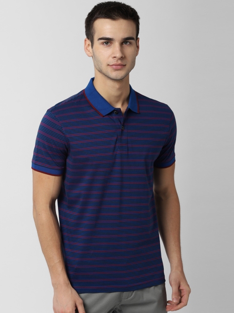 

Peter England Casuals Men Navy Blue Striped Polo Collar Pure Cotton T-shirt