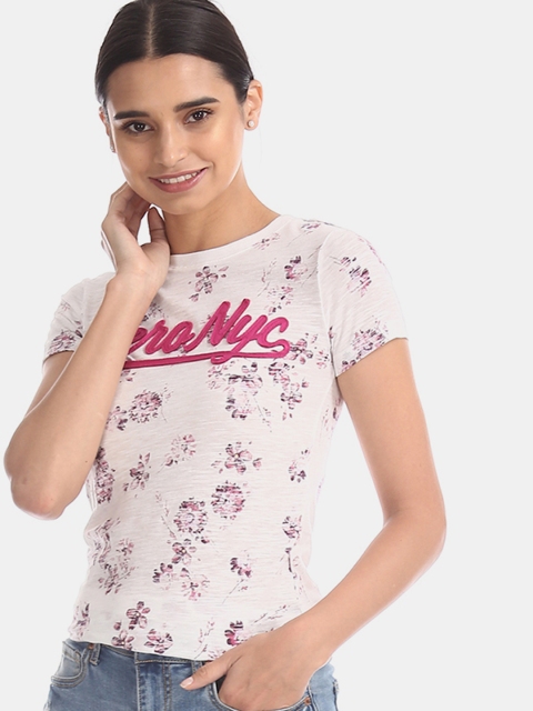 

Aeropostale Women Off-White Floral Printed Applique Detail Round Neck T-shirt