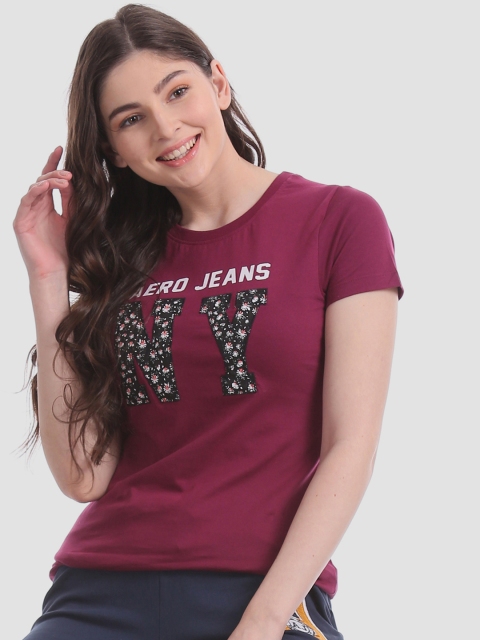 

Aeropostale Women Burgundy Printed Round Neck T-shirt with Applique Design