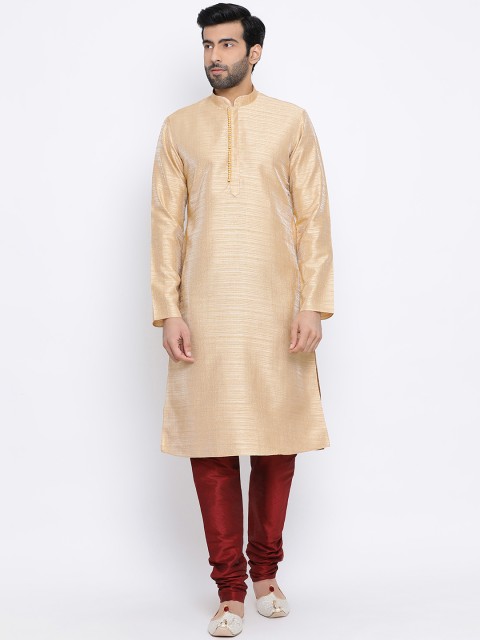 

NAMASKAR Men Beige & Maroon Solid Kurta with Churidar