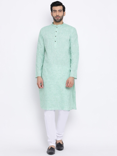 

NAMASKAR Men Green & White Solid Kurta with Churidar