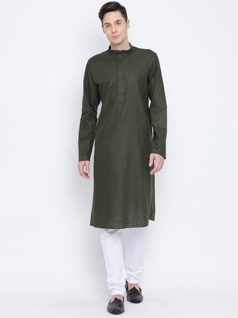 

NAMASKAR Men Green & Green Solid Kurta with Churidar
