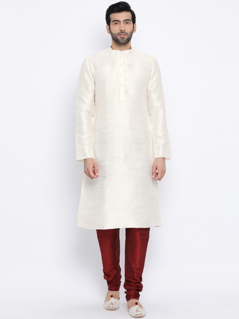 

NAMASKAR Men Off-White & Maroon Solid Kurta with Churidar