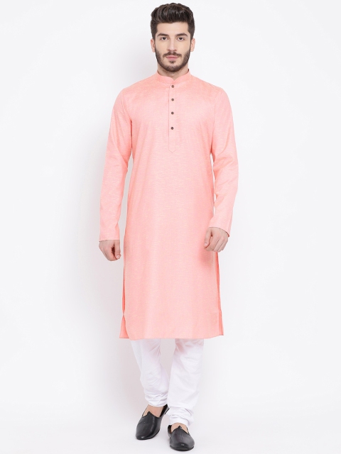 

NAMASKAR Men Peach-Coloured & Off-White Solid Kurta with Churidar