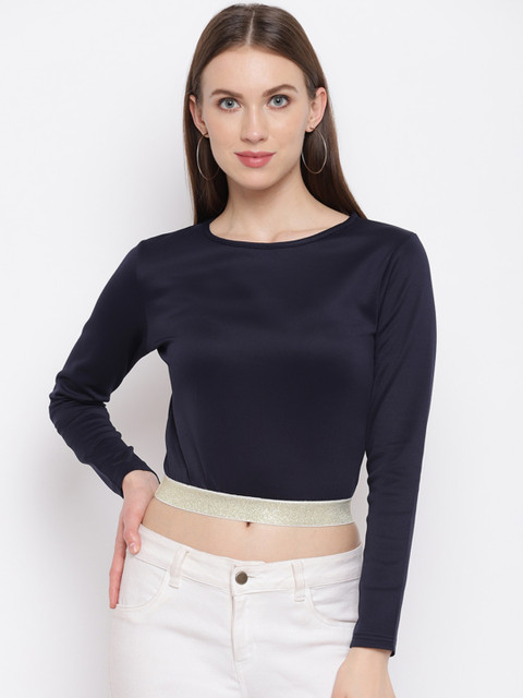 

RIVI Women Navy Blue Solid Top With Embellishment