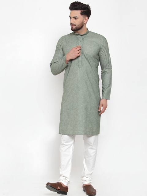 

Jompers Men Green & White Embroidered Kurta with Churidar
