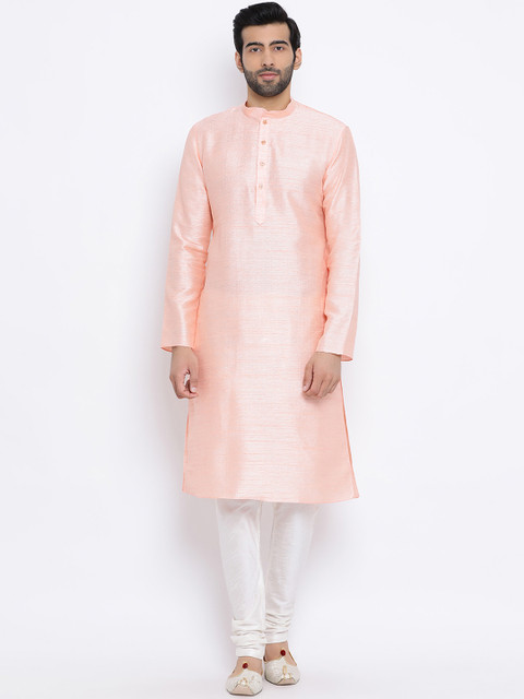 

NAMASKAR Men Peach-Coloured Solid Straight Kurta