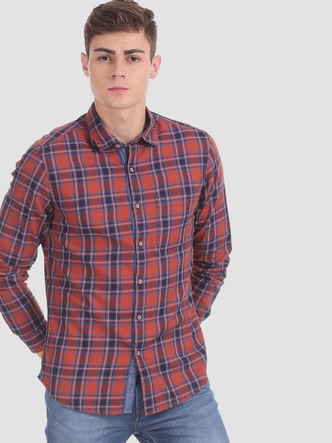 

RUF & TUF Men Orange & Blue Slim Fit Checked Casual Shirt