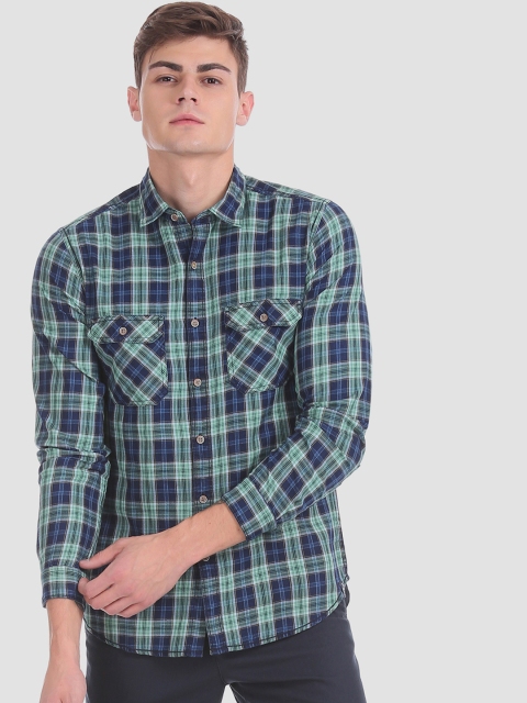 

RUF & TUF Men Green & Navy Blue Slim Fit Checked Casual Shirt