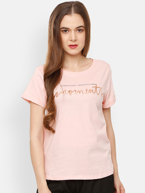 

People Women Pink Printed Round Neck T-shirt