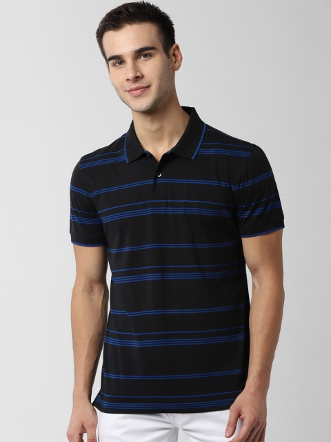 

Peter England Casuals Men Black Blue Striped Polo Collar Pure Cotton T-shirt